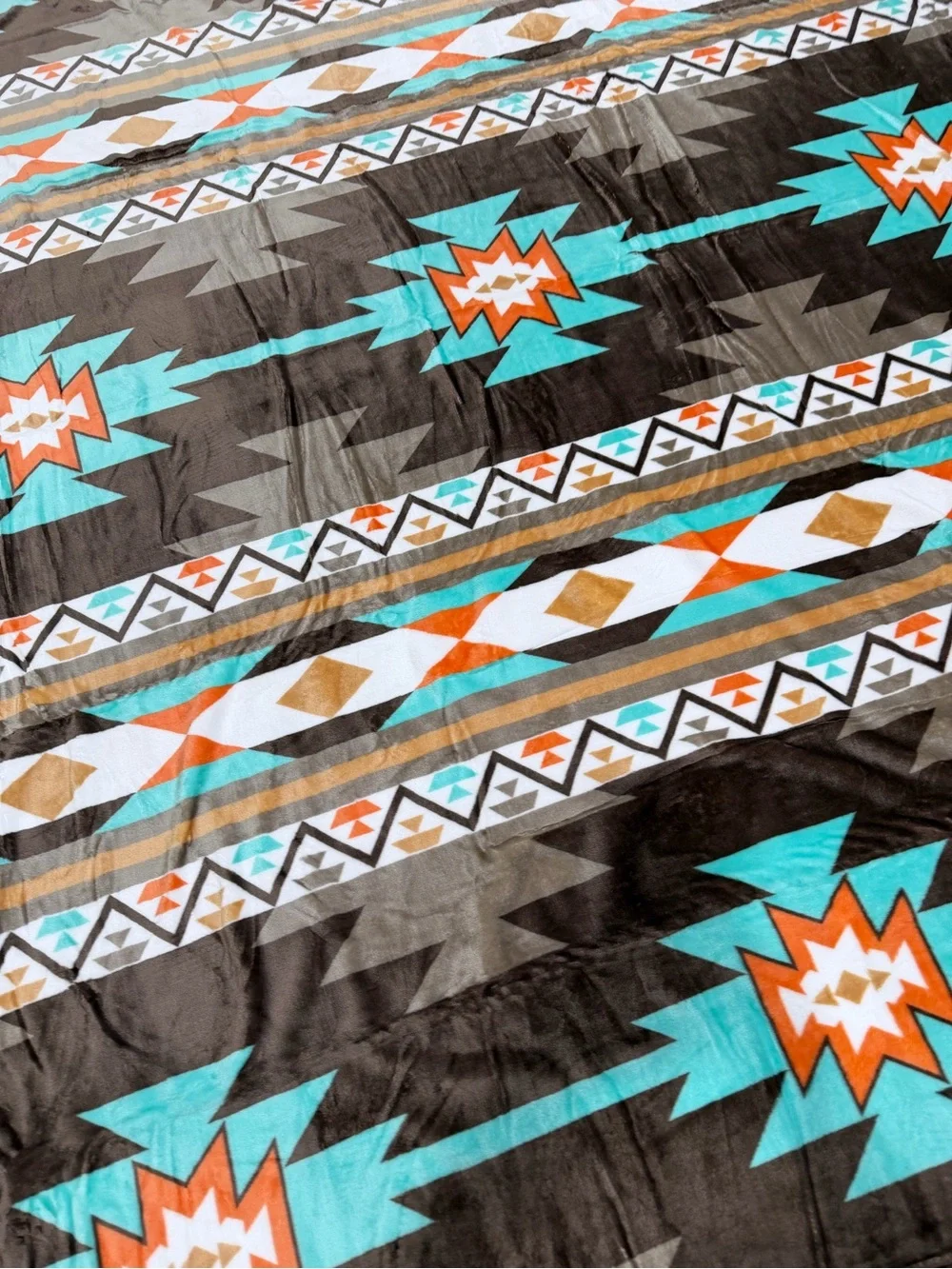 Queen Southwest tribal Aztec Geometric Plush fleece Blanket - Turquoise & Brown